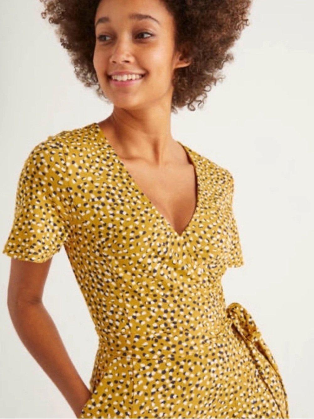 Boden Wrap Dress Cassia Jersey Knit Sz 6P Midi Yellow Polka Dot Cocktails Party - Picture 2 of 10